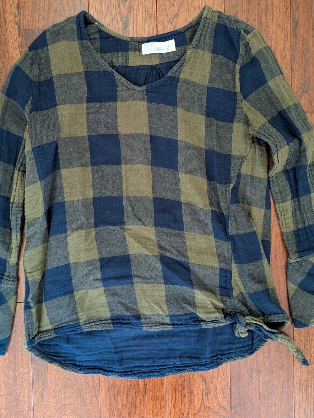 Time and Tru Olive Green and Navy Plaid Long Sleeve Top